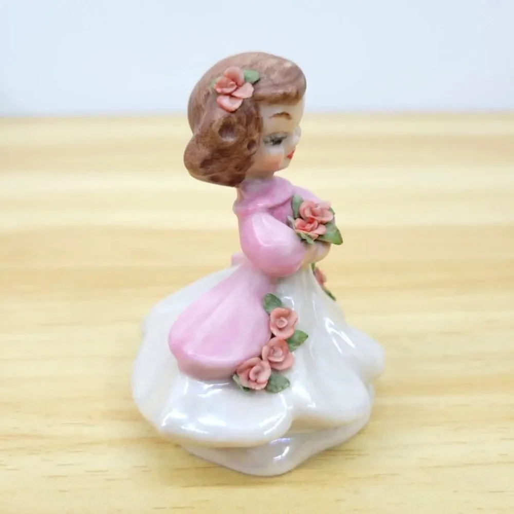 Vintage Pink & Lustery Girl with Applied Flowers Ceramic Figurine